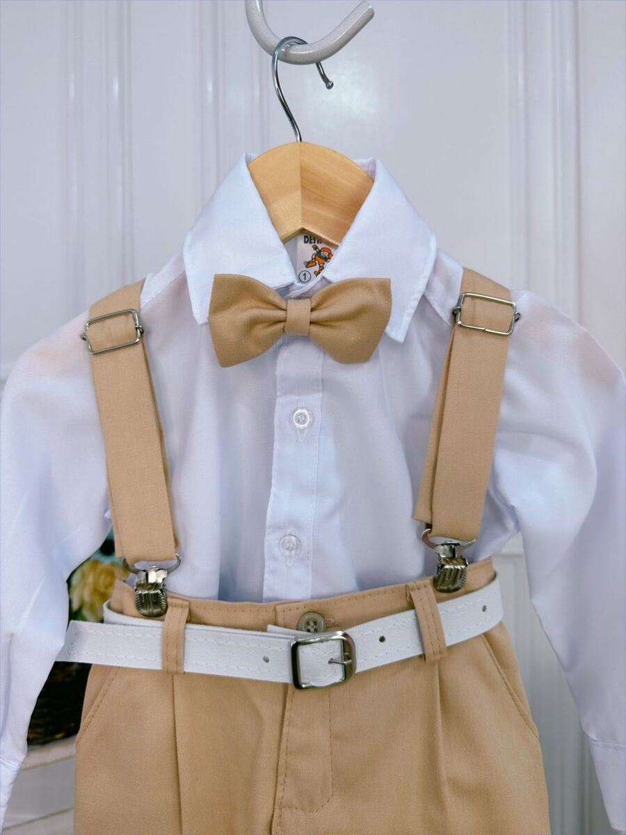 Conjunto Social Infantil Calça Suspensório Gravata Caqui