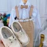 Conjunto Social Infantil Calça Suspensório Gravata Caqui