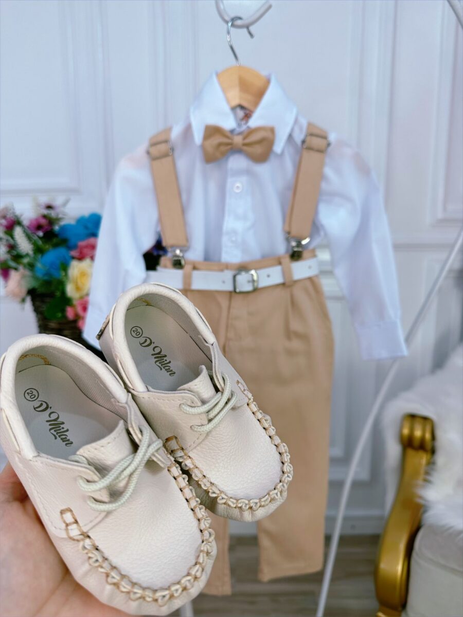 Conjunto Social Infantil Calça Suspensório Gravata Caqui