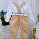 Conjunto Social Infantil Calça Suspensório Gravata Caqui