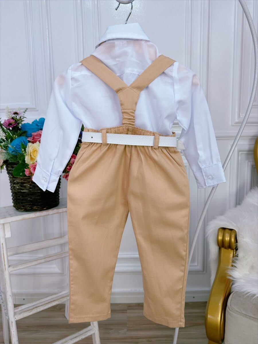 Conjunto Social Infantil Calça Suspensório Gravata Caqui