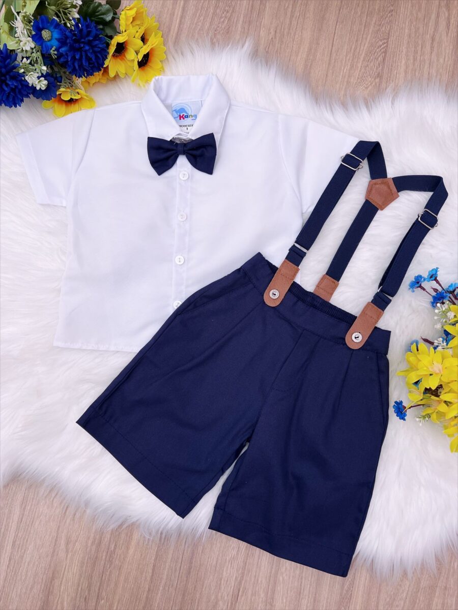 Conjunto Social Infantil Bermuda Gravata Suspensório Azul