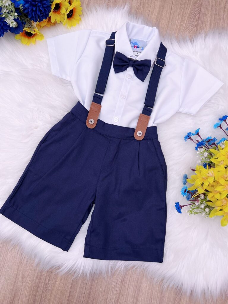 Conjunto Social Infantil Bermuda Gravata Suspensório Azul