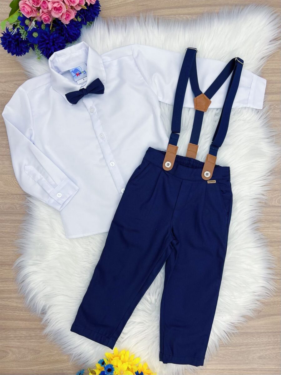 Conjunto Social Infantil Calça Gravata Suspensório Azul