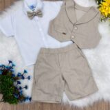 Conjunto Social Infantil Bermuda Colete Suspensório Bege