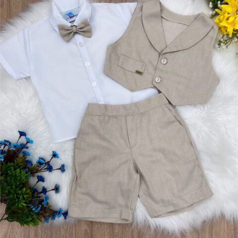 Conjunto Social Infantil Bermuda Colete Suspensório Bege