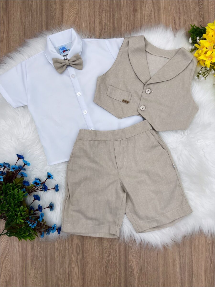 Conjunto Social Infantil Bermuda Colete Suspensório Bege
