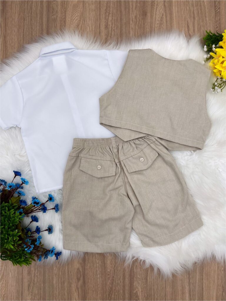 Conjunto Social Infantil Bermuda Colete Suspensório Bege