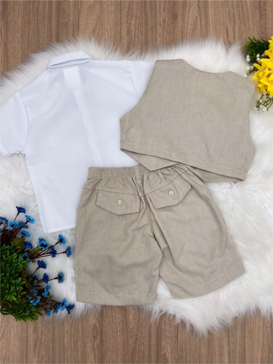 Conjunto Social Infantil Bermuda Colete Suspensório Bege