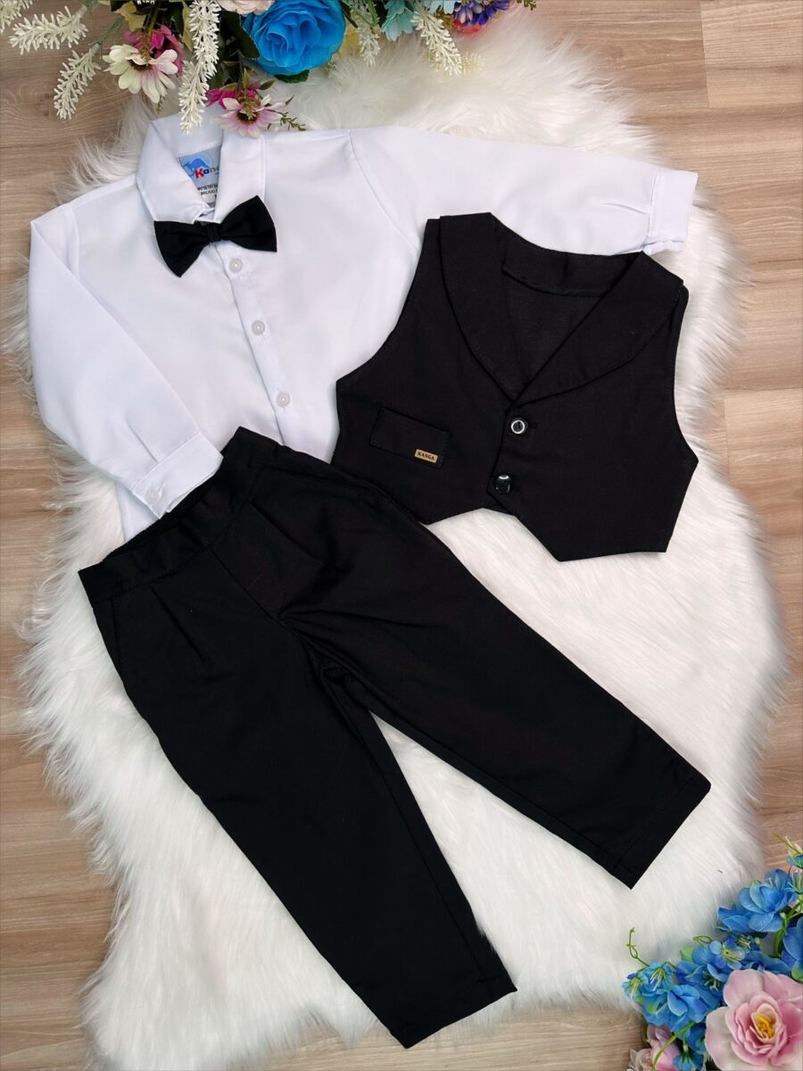 Conjunto Social Infantil Calça Camisa Colete e Gravata Preto