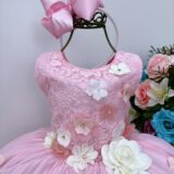 Vestido Infantil Rosa com Flores em Aplique e Renda