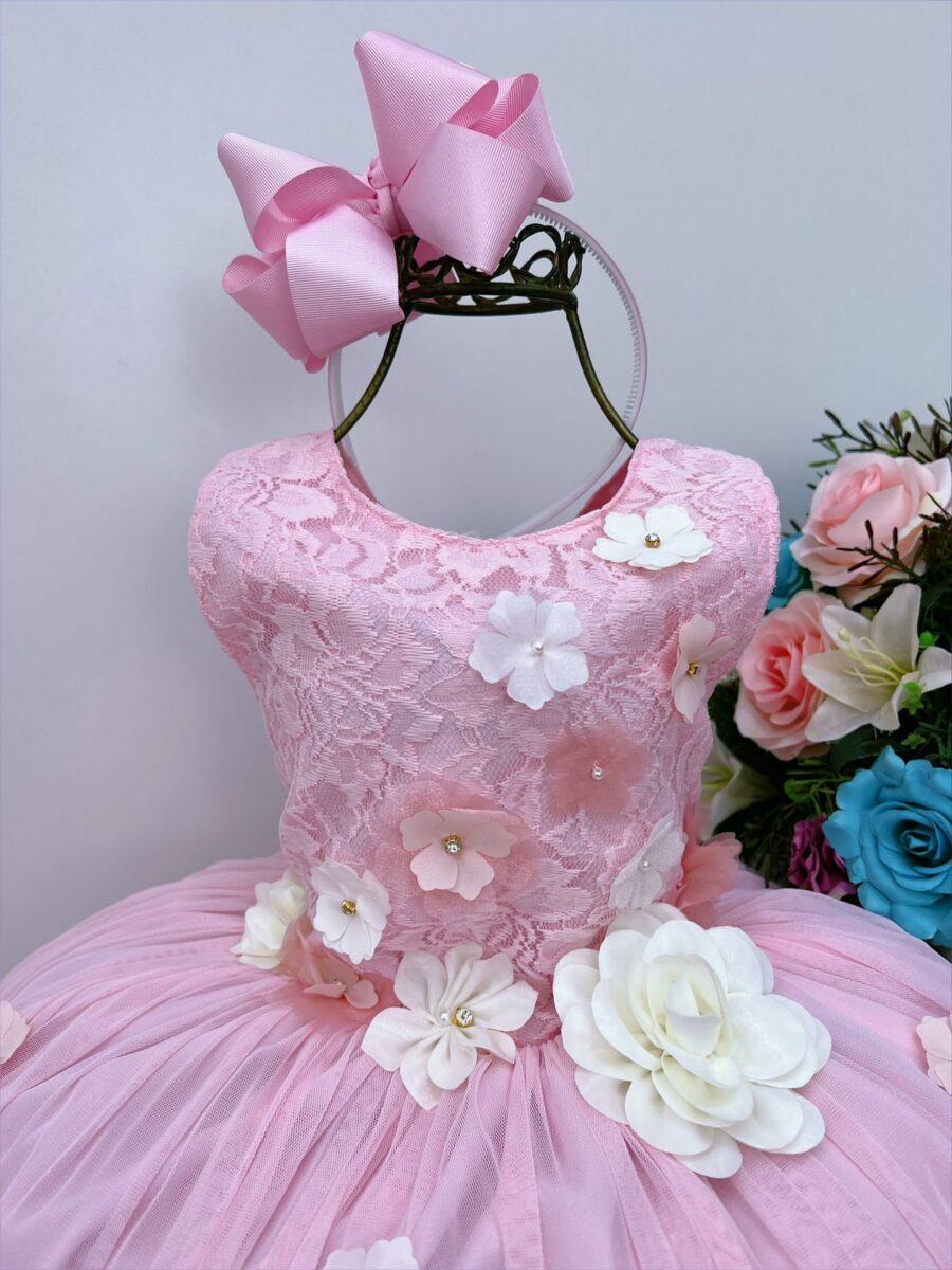 Vestido Infantil Rosa com Flores em Aplique e Renda