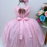 Vestido Infantil Rosa com Flores em Aplique e Renda