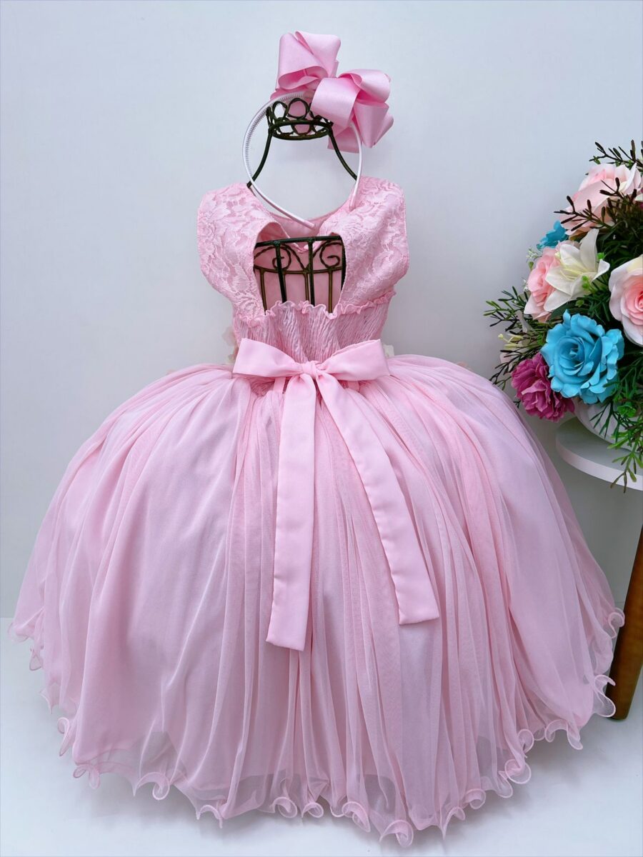 Vestido Infantil Rosa com Flores em Aplique e Renda