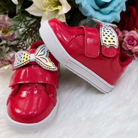 Tênis Infantil Menina Verniz Vermelho e Rosa Sereia Velcro