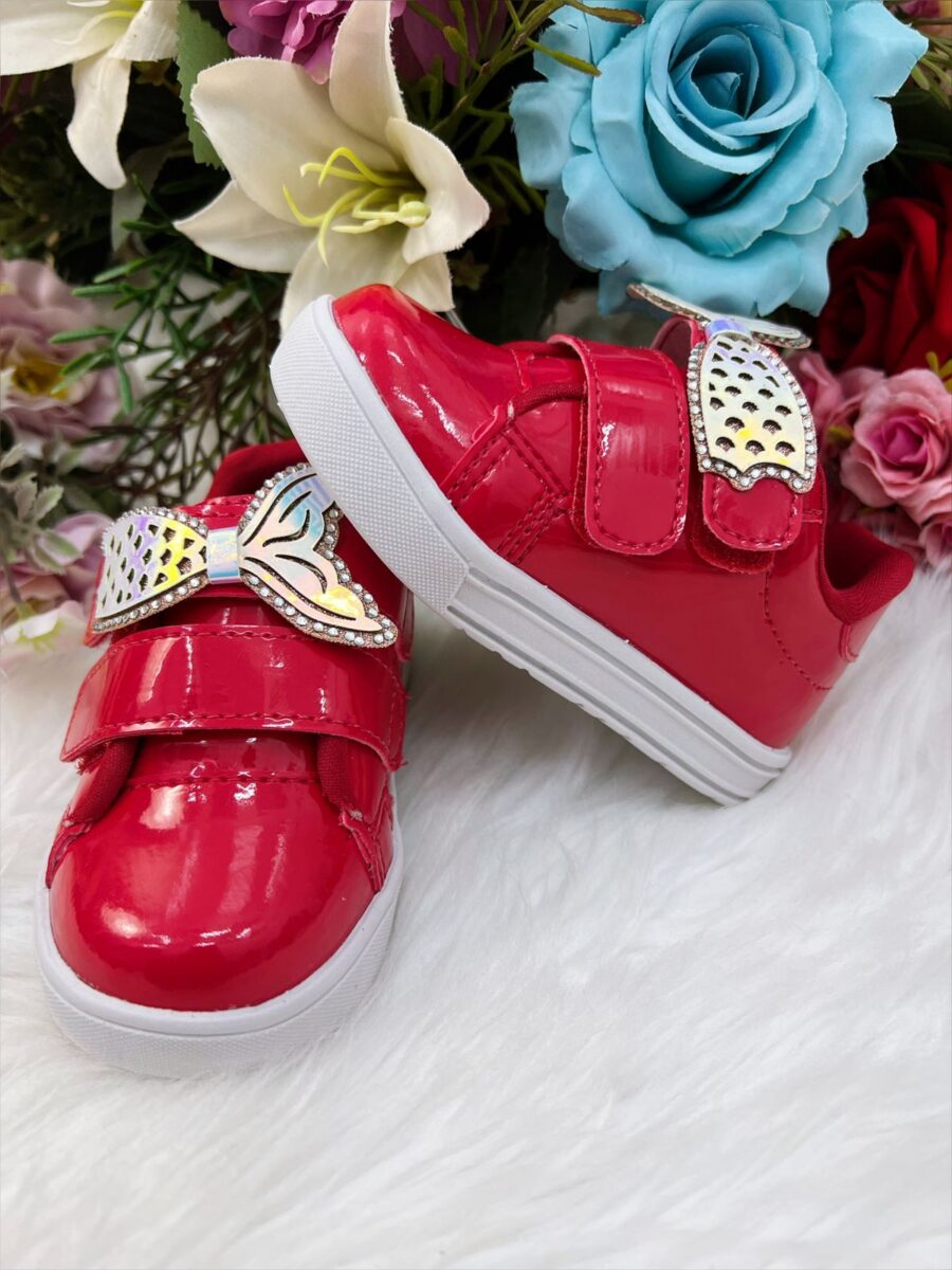 Tênis Infantil Menina Verniz Vermelho e Rosa Sereia Velcro