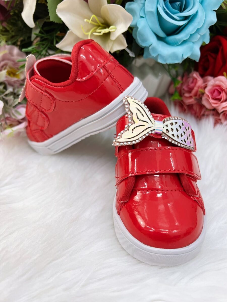Tênis Infantil Menina Verniz Vermelho e Rosa Sereia Velcro