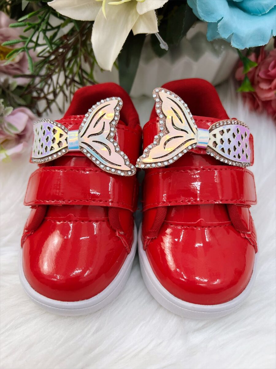 Tênis Infantil Menina Verniz Vermelho e Rosa Sereia Velcro
