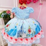 Vestido Infantil Princesa Cinderela Azul Renda e Pérolas