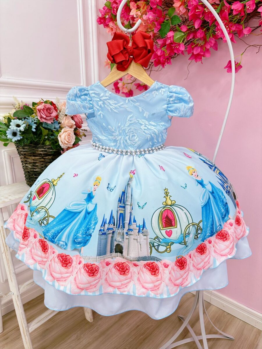 Vestido Infantil Princesa Cinderela Azul Renda e Pérolas