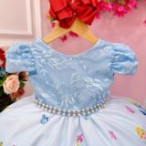 Vestido Infantil Princesa Cinderela Azul Renda e Pérolas