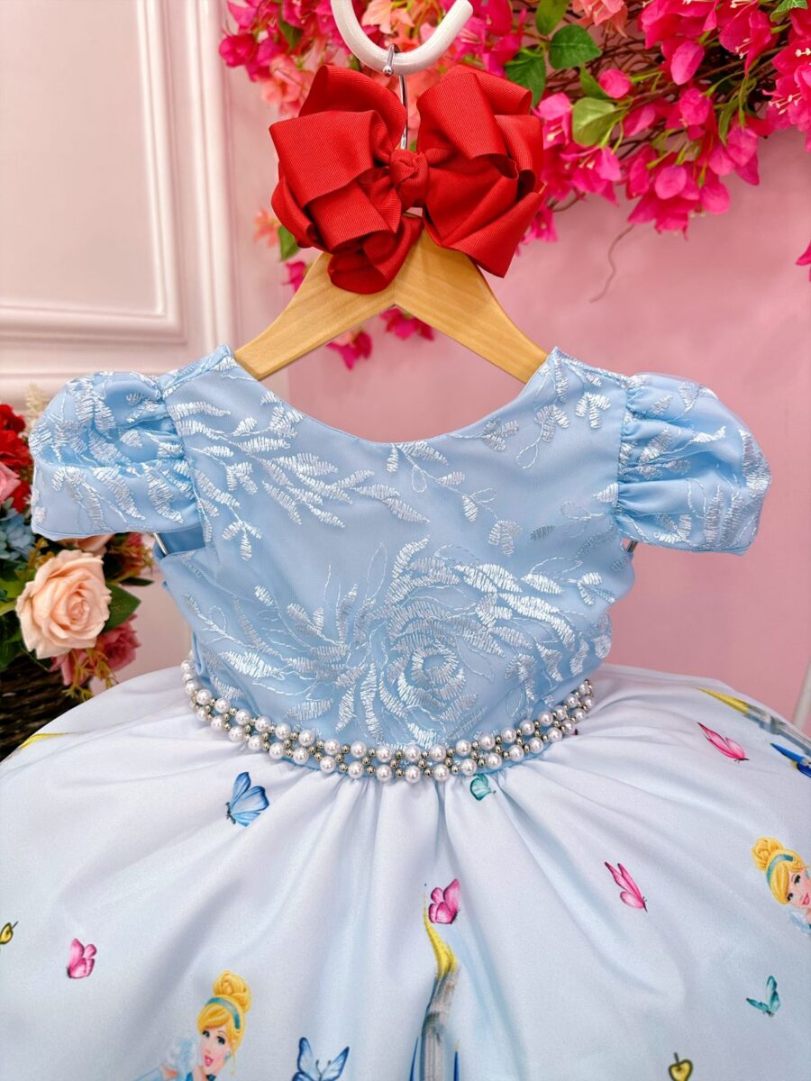 Vestido Infantil Princesa Cinderela Azul Renda e Pérolas