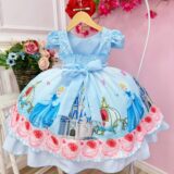 Vestido Infantil Princesa Cinderela Azul Renda e Pérolas