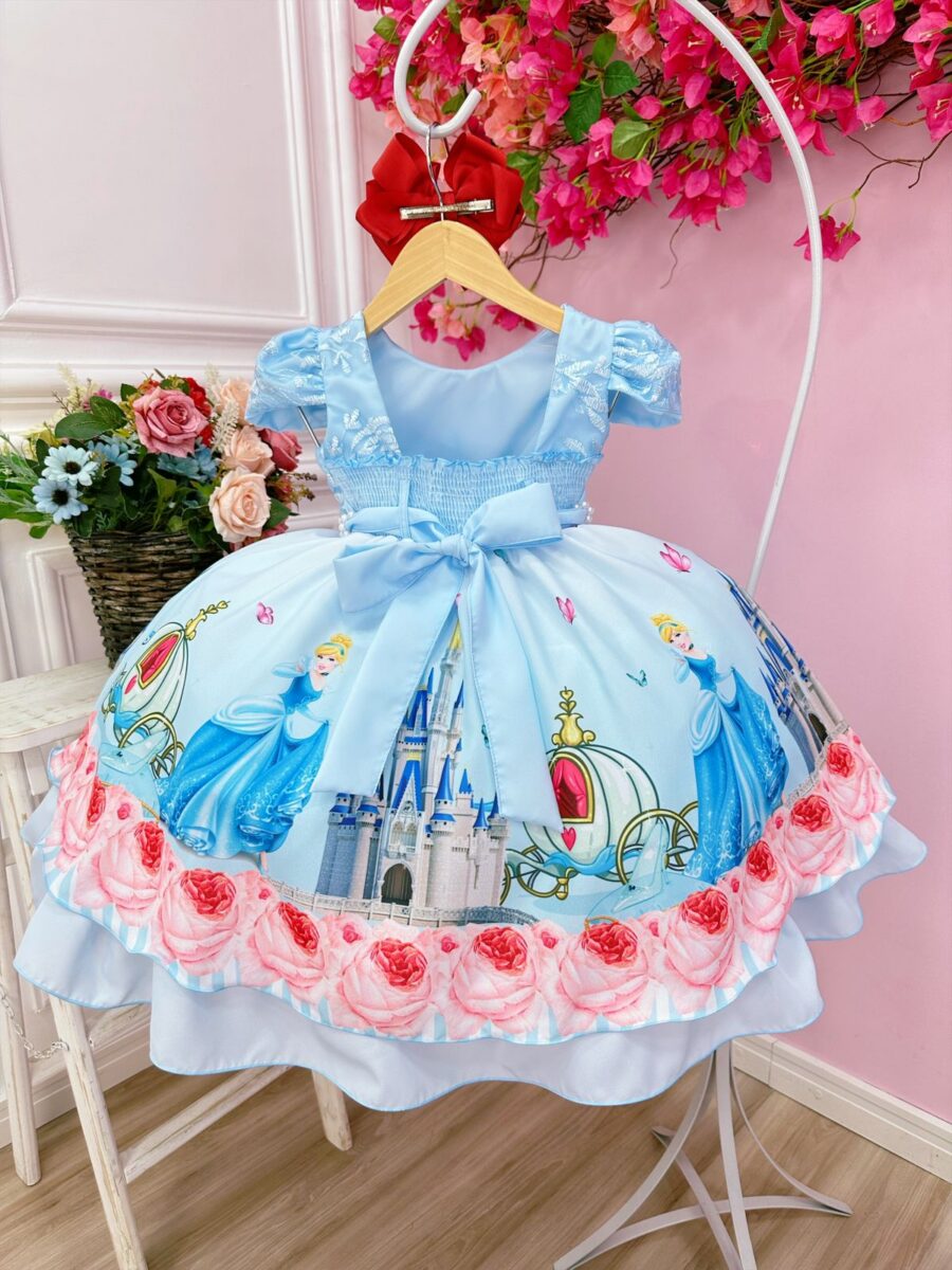 Vestido Infantil Princesa Cinderela Azul Renda e Pérolas