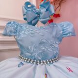 Vestido Infantil Princesa Cinderela Azul Renda e Pérolas