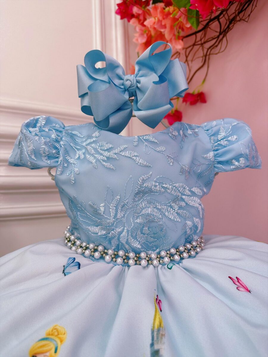 Vestido Infantil Princesa Cinderela Azul Renda e Pérolas