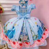Vestido Infantil Princesa Cinderela Azul Renda e Pérolas