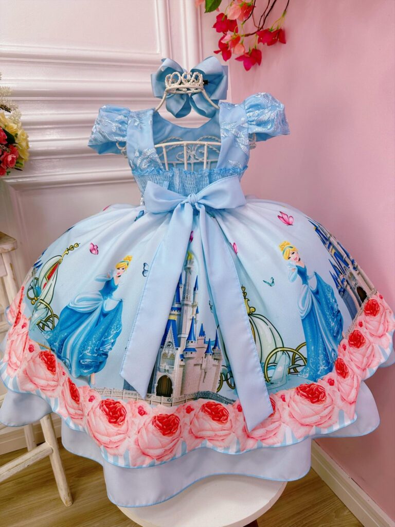 Vestido Infantil Princesa Cinderela Azul Renda e Pérolas