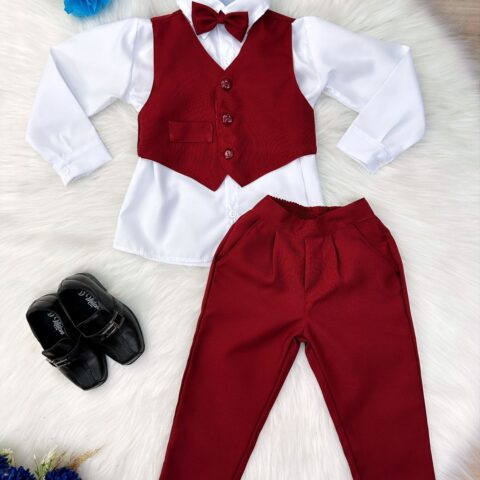 Conjunto Social Infantil Camisa Colete Calça Gravata Marsala