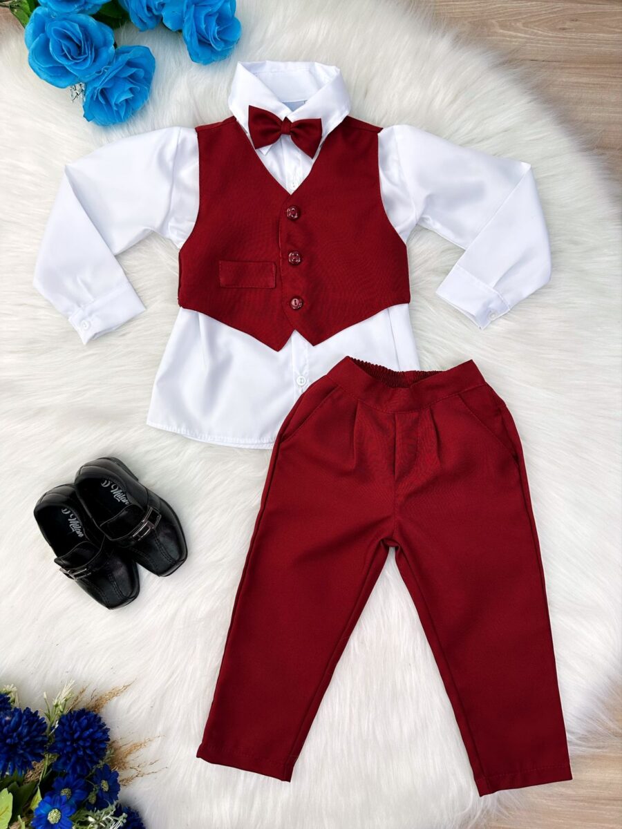 Conjunto Social Infantil Camisa Colete Calça Gravata Marsala