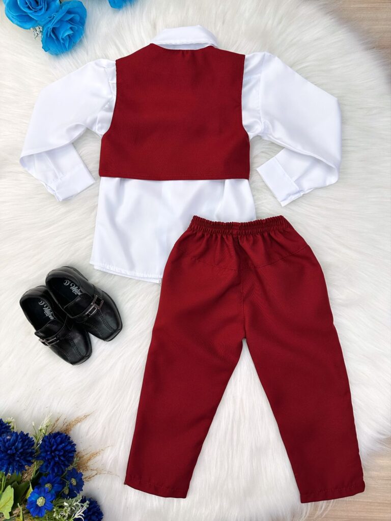 Conjunto Social Infantil Camisa Colete Calça Gravata Marsala