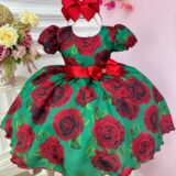 Vestido Infantil Verde Florido de Rosas Festa de Natal