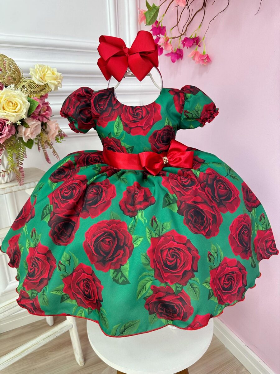 Vestido Infantil Verde Florido de Rosas Festa de Natal