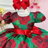 Vestido Infantil Verde Florido de Rosas Festa de Natal