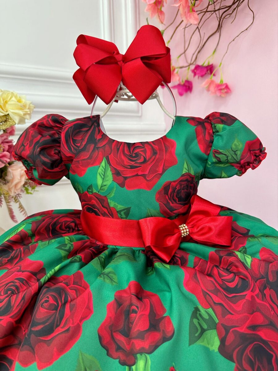 Vestido Infantil Verde Florido de Rosas Festa de Natal