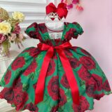 Vestido Infantil Verde Florido de Rosas Festa de Natal