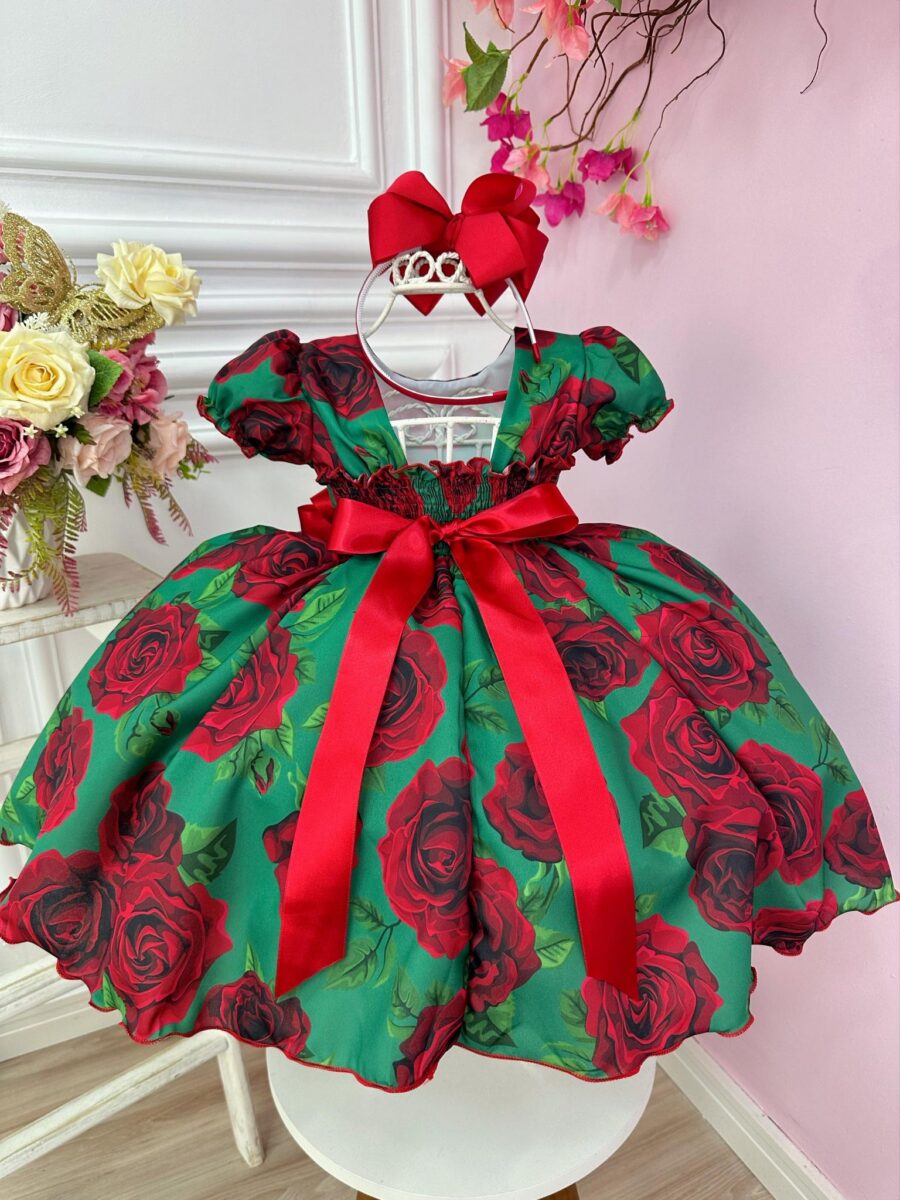 Vestido Infantil Verde Florido de Rosas Festa de Natal