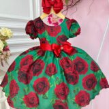 Vestido Infantil Verde Florido de Rosas Festa de Natal