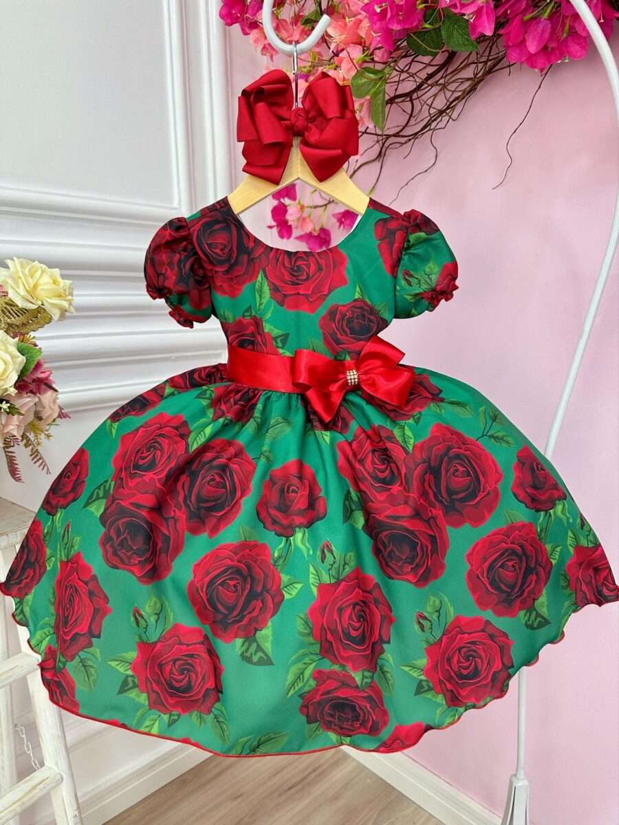 Vestido Infantil Verde Florido de Rosas Festa de Natal