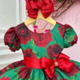 Vestido Infantil Verde Florido de Rosas Festa de Natal