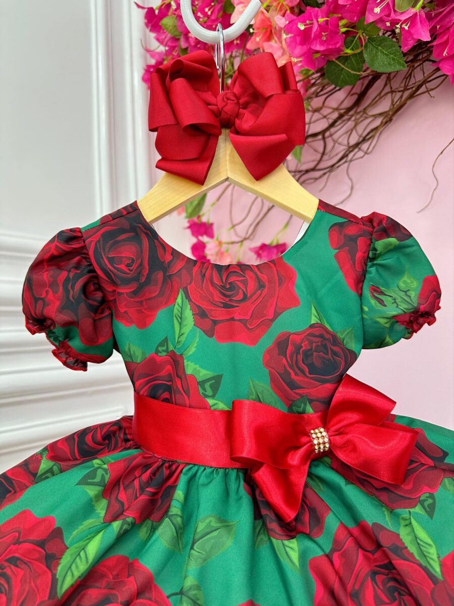 Vestido Infantil Verde Florido de Rosas Festa de Natal