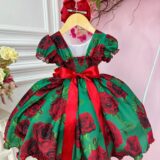 Vestido Infantil Verde Florido de Rosas Festa de Natal