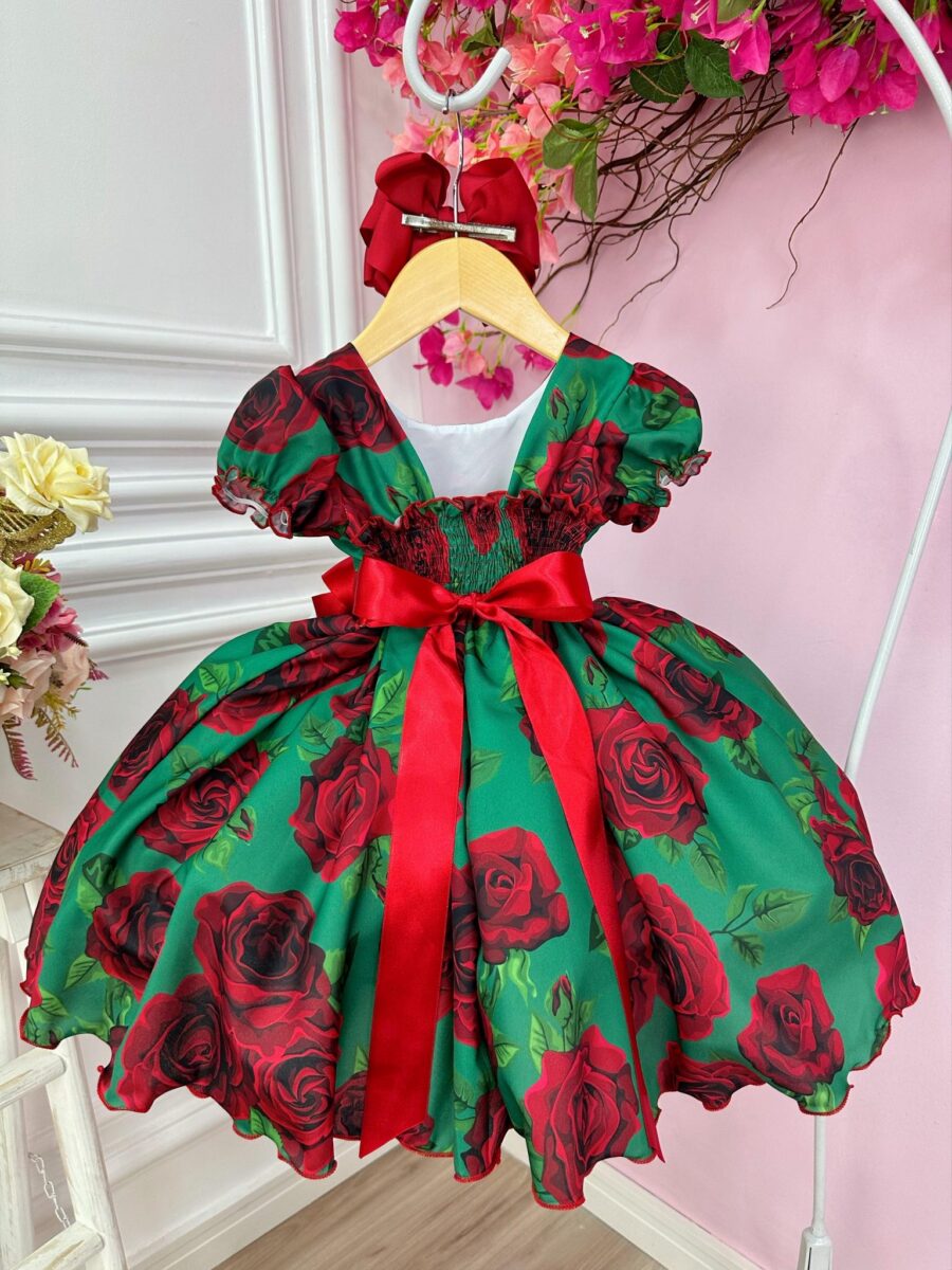 Vestido Infantil Verde Florido de Rosas Festa de Natal