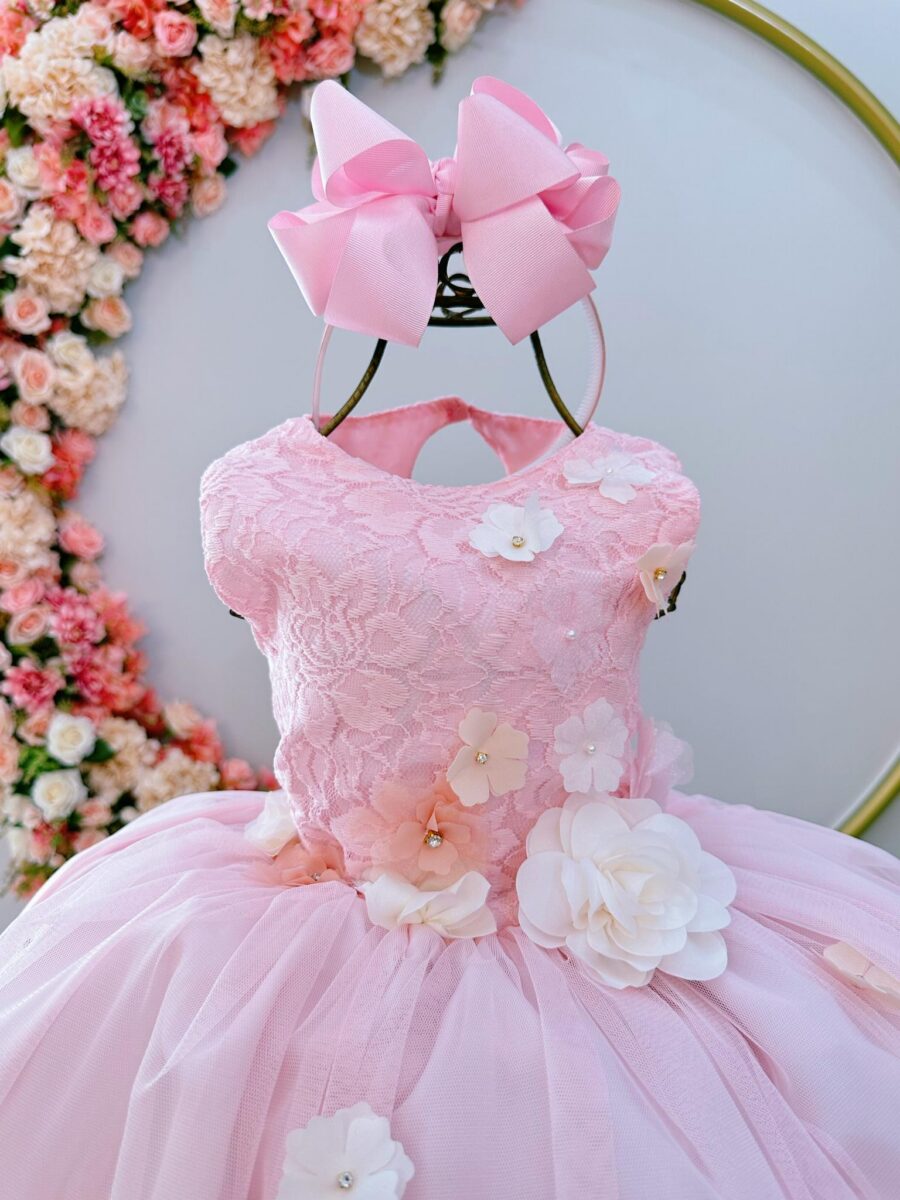 Vestido Infantil Rosa com Flores em Aplique e Renda