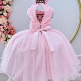 Vestido Infantil Rosa com Flores em Aplique e Renda