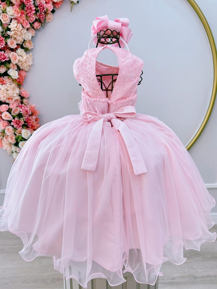 Vestido Infantil Rosa com Flores em Aplique e Renda
